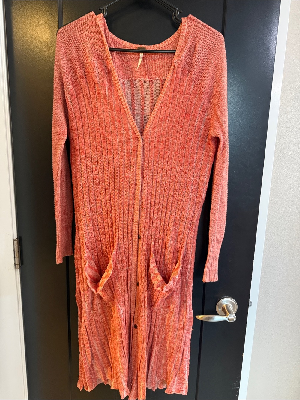 Free People button up Long Ribbed Cardigan in Coral Pink